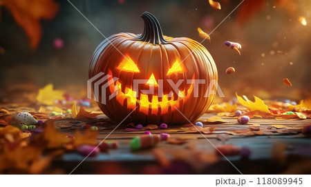 Halloween pumpkin glowing on a wooden surface with candy corn and autumn leaves 118089945