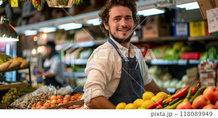 Greengrocer smiling at grocery store with fresh produce 118089949