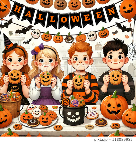 ハロウィンクッキーパーティーで楽しむ子供たち 118089953