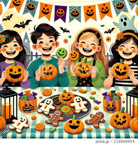 ハロウィンクッキーパーティーで楽しむ子供たち 118089954