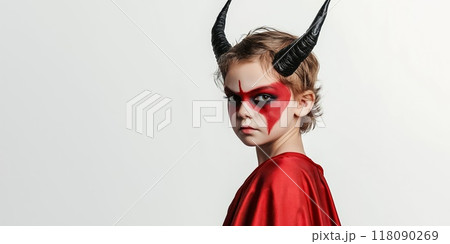 Boy wearing devil costume posing for halloween celebration 118090269