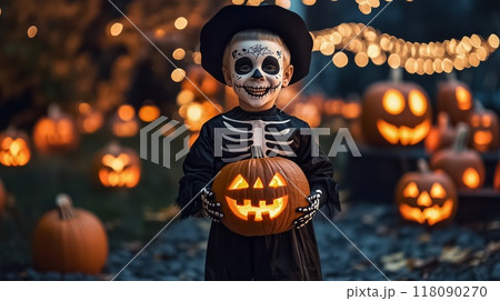 Child wearing skeleton costume holding lighted jack-o'-lantern at night 118090270