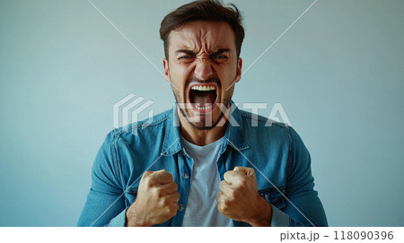 Generative ai illustration of a angry and aggressive young man crying his rage Generative ai illustration of a angry and aggressive young man crying his rage 118090396