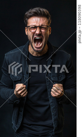 Generative ai illustration of  a angry and aggressive young man crying his rage 118090398