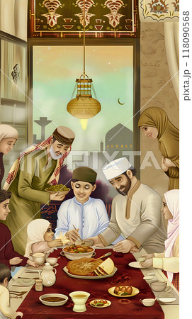 Family Gathering Around a Dining Table in a Traditional Setting Family Gathering Around a Dining Table in a Traditional Setting 118090568