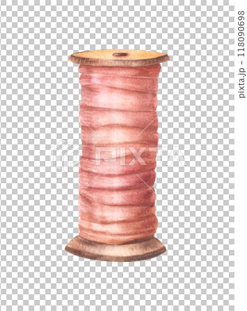 Wooden spool of thread, silk ribbon in pink pastel color. Elements for sewing, needlework, embroidery. Hand drawn watercolor illustration Vintage Clipart for handicraft design Isolated from background 118090698