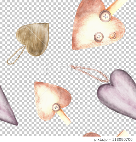 Hearts on rope, cord with button. Watercolor lilac, beige keychain or for Valentines Day seamless pattern. Vintage Love. Hand drawn illustration fabric, wallpaper, packaging isolated from background Hearts on rope, cord with button. Watercolor lilac, beige keychain or for Valentines Day seamless pattern. Vintage Love. Hand drawn illustration fabric, wallpaper, packaging isolated from background 118090700