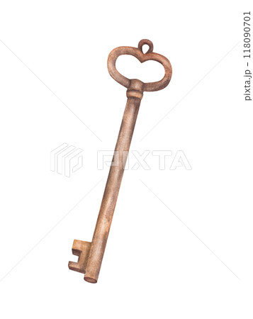Rusty key bronze old element, subject. Watercolor hand drawn illustration. Vintage Castle, lock key. Retro style clipart for your design, gift card, decoration, scrapbooking. Isolated from background Rusty key bronze old element, subject. Watercolor hand drawn illustration. Vintage Castle, lock key. Retro style clipart for your design, gift card, decoration, scrapbooking. Isolated from background 118090701
