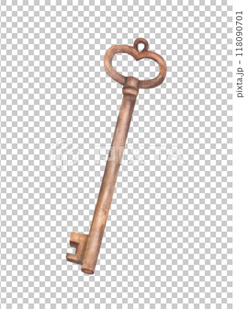 Rusty key bronze old element, subject. Watercolor hand drawn illustration. Vintage Castle, lock key. Retro style clipart for your design, gift card, decoration, scrapbooking. Isolated from background 118090701