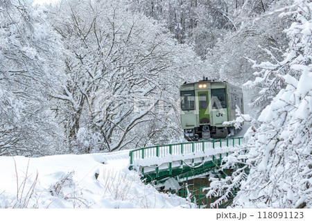 降雪後の純白の世界を走る小海線キハ110系 118091123