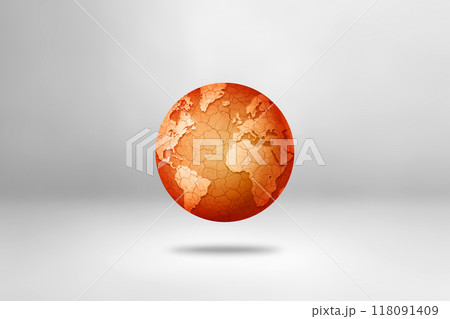 Dry and cracked world globe isolated on white background. Global warming symbol 118091409