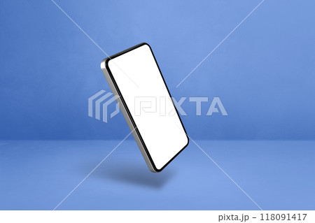 Floating smartphone isolated on blue. Horizontal background Floating smartphone isolated on blue. Horizontal background 118091417