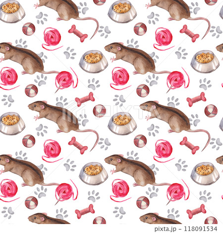 Pets, brown rats with black stripes with a bowl of food, toys, balls, balls of yarn and paw prints. All objects are hand-painted with watercolors. Suitable for printing on fabric, paper. Pets, brown rats with black stripes with a bowl of food, toys, balls, balls of yarn and paw prints. All objects are hand-painted with watercolors. Suitable for printing on fabric, paper. 118091534