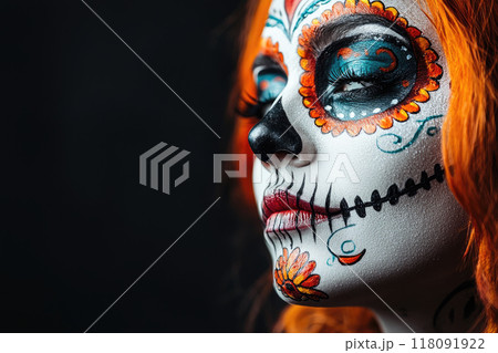 Studio Portrait of a woman wearing makeup for the Day of the Dead on black background 118091922