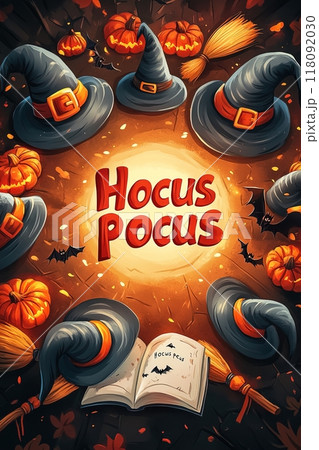 Magical halloween invitation card design featuring witch hats and pumpkins and text Hocus Pocus 118092030