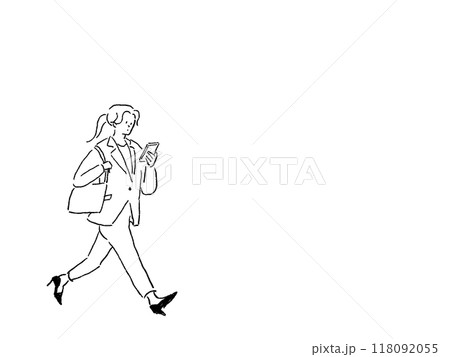 携帯、スマホを持って歩くスーツを着た女性、線画 118092055
