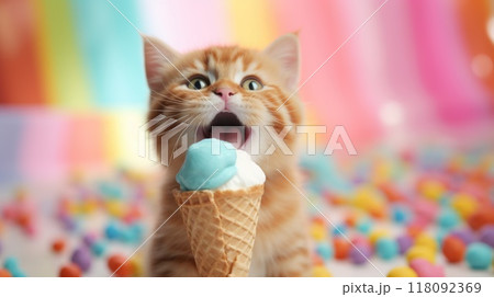 Whimsical scene of a curious ginger kitten with vanilla ice cream cone 118092369