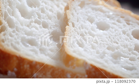 Close up of fluffy white bread slices, toasted edges, food background 118092370