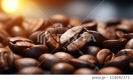 Close up of roasted coffee beans with a warm backlight background 118092371