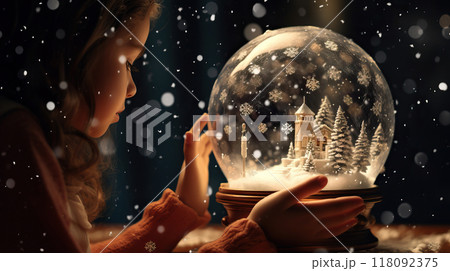 Magical Christmas scene young girl holding winter snow globe, sparkling lights 118092375