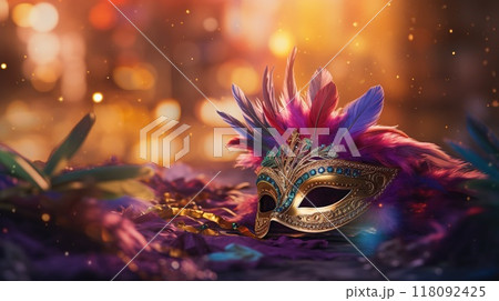 Carnival mask, colorful Mardi Gras beads and bokeh lights festive background Carnival mask, colorful Mardi Gras beads and bokeh lights festive background 118092425