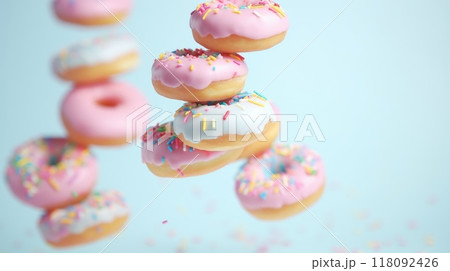 Bright pastel color frosted assorted donuts levitating, blue sky background 118092426
