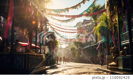 Confetti and Mardi Gras carnival decorations city street festival background 118092428