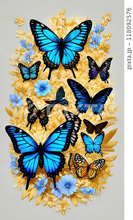 the image of live butterflies surrounded by blurry dots of blue and yellow the image of live butterflies surrounded by blurry dots of blue and yellow 118092576