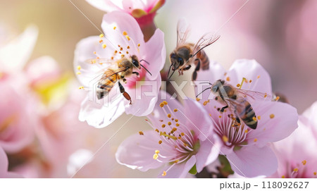Close up of bees on soft pink cherry blossoms, natural macro spring background 118092627
