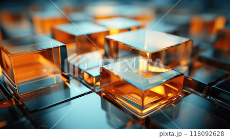 3D abstract background of reflective teal and orange glass cubes with copy space 118092628