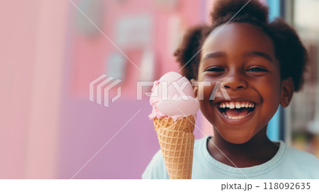 African American girl portrait enjoying pink ice cream cone, copy space African American girl portrait enjoying pink ice cream cone, copy space 118092635