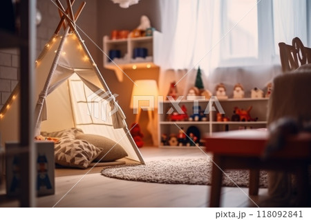 Cozy children room interior neutral colors design 118092841