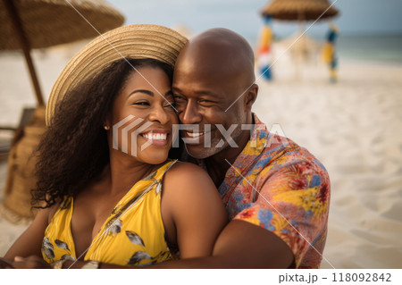 Middle age cuddling couple enjoying time on beach 118092842