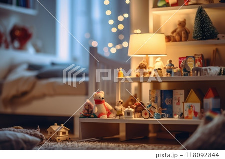 Cozy children room interior neutral colors design 118092844