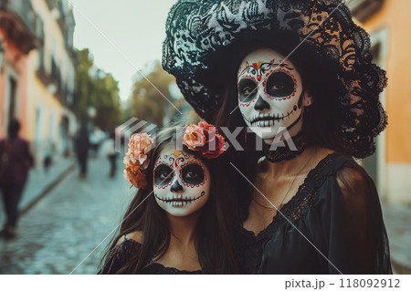 Portrait of mother and daughter in Mexico for the Day of the Dead. Ai generative 118092912