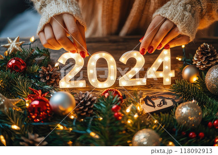 Hands of woman put "2024" numbers on decorated table, Merry Christmas and Happy New Year. Ai generative 118092913