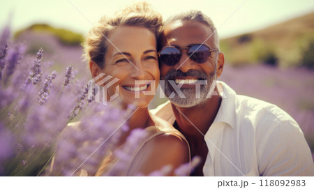 Mature Mixed Race Couple Enjoying Sunshine in Summer Lavender Field copy space 118092983