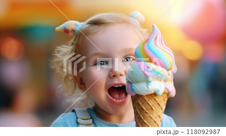 Cheerful little girl enjoying vibrant rainbow ice cream cone on sunny day 118092987