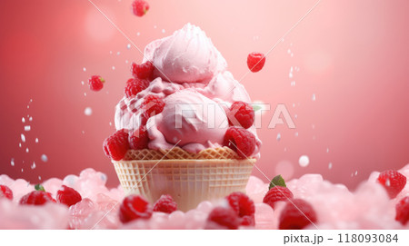 Pink color raspberry ice cream with berries...のイラスト素材 [118093084] - PIXTA