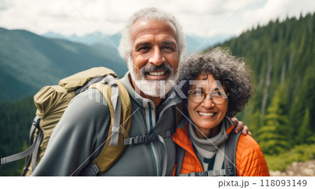 Middle aged couple walking on forest path with backpacks in summer 118093149