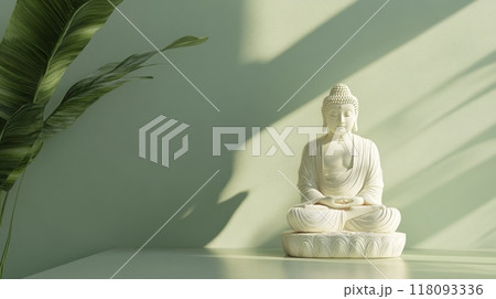 Buddha statue in meditation pose on reflective surface, background 118093336