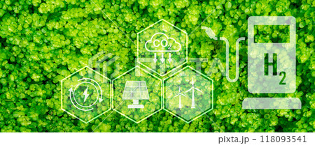 Green hydrogen energy generation using sustainable renewable resources like sun and wind. Hydrogen fuel cell vehicle with zero emissions. Green technology for future. Advancing the hydrogen economy. 118093541