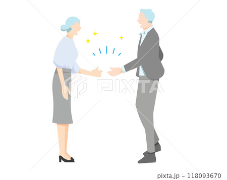 握手をする男女ー交渉成立ー契約ー成功ービジネスパーソン男女全身横向きーシンプルベクターイラスト素材 握手をする男女ー交渉成立ー契約ー成功ービジネスパーソン男女全身横向きーシンプルベクターイラスト素材 118093670