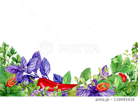 Horizontal template with kitchen herbs and space for text. Rosemary, thyme, chili, basil, mint, bay leaf. Watercolor banner. Provencal spices, rustic menu composition. 118093816