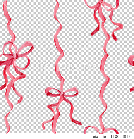 Seamless ornament of satin bows. Watercolor pattern made of pink silk ribbons. Decor for birthdays, weddings, Valentine's day. Decoration in boho style on a isolated background. 118093818
