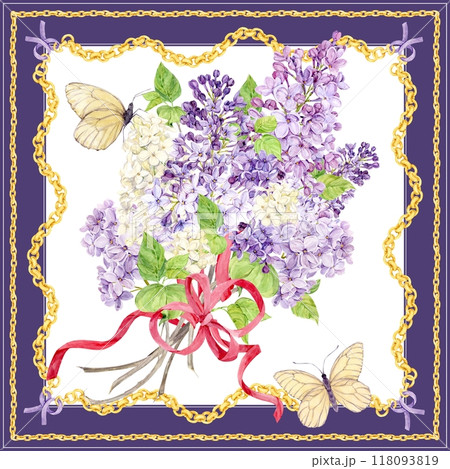 Watercolor pattern for silk scarf and textile print. Design of neck scarf or bandana. Spring lilac buds and gold chains for children's products. Elegant baroque style for fabric. Watercolor pattern for silk scarf and textile print. Design of neck scarf or bandana. Spring lilac buds and gold chains for children's products. Elegant baroque style for fabric. 118093819