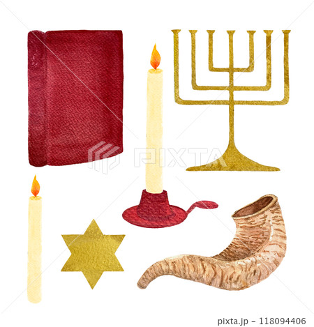 Menorah and Torah, star shofar, candle religious illustration isolated on white. Set for for Hanuka, cards, stickers, packages, posters, bookmark, posters festive design elements. Jewish tradition 118094406