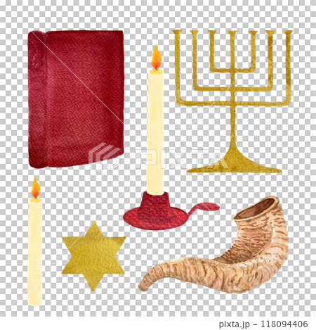 Menorah and Torah, star shofar, candle religious illustration isolated on white. Set for for Hanuka, cards, stickers, packages, posters, bookmark, posters festive design elements. Jewish tradition 118094406
