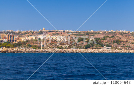 Seaside view of Mgarr, panoramic photo. Malta 118094648