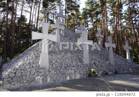 Kiev, Ukraine September 12, 2020: Memorial in the Bykivnyansky forest near Kiev, where thousands of Polish officers were shot by the NKVD in 1940 Kiev, Ukraine September 12, 2020: Memorial in the Bykivnyansky forest near Kiev, where thousands of Polish officers were shot by the NKVD in 1940 118094672